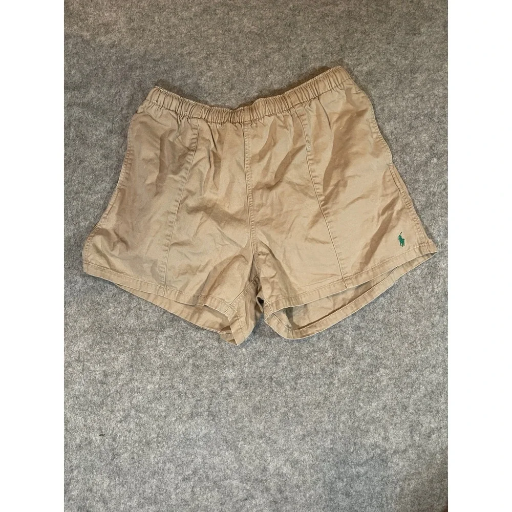 Polo Ralph Lauren Khaki Chino Shorts Mens XL Tan Elastic Waist Green Pony Logo